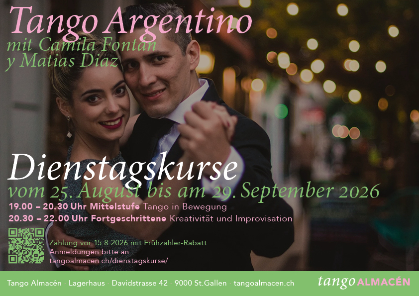Ab 25.08.2026: Dienstagskurse - Tango mit Tiefgang & Cabeceo In diesem Semester gibt es zwei aufeinanderfolgende Kurspakete mit je zwei Kurs-Levels.