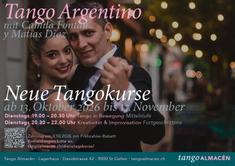 Lehrer: Matias Diaz und  Camila Fontan. 19.00-20.30: Tango in Bewegung 20.30-22.00: Kreativität & Improvisation Zahlung vor 3.10. 2026 mit Frühzahler-Rabatt Details und Preise siehe:  www.tangoalmacen.ch/dienstagskurse/ 
